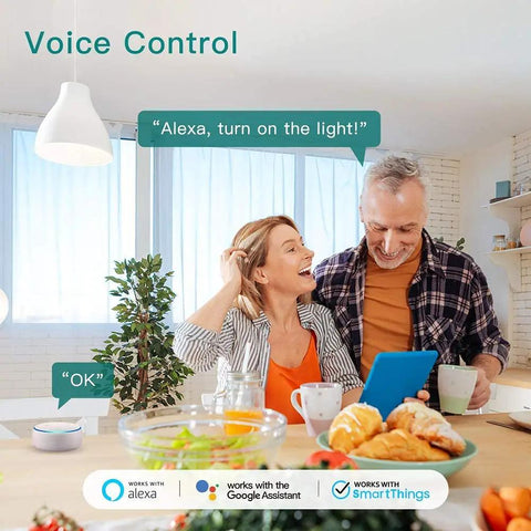 Couple using Three Way Smart Light Switch Kit Four Pack, Neutral Wire Required, 2.4GHz WiFi, with Alexa voice control in kitchen