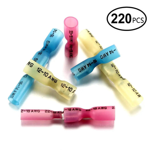 Colorful terminals of the All In One 220 Piece Wire Spade Connectors Kit With Heat Shrink Terminals, fully insulated.