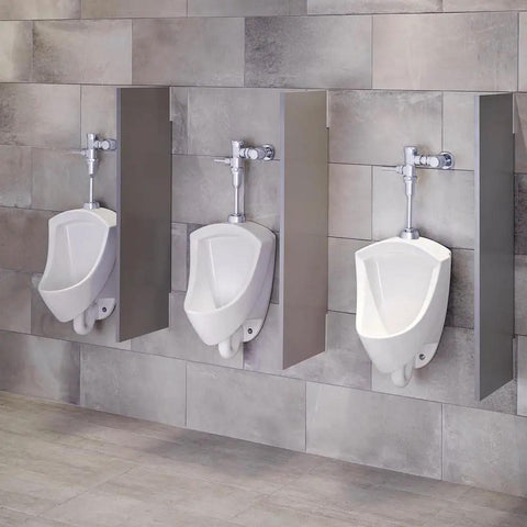 Three urinals with the Ultima Manual Urinal Flush Valve Piston Type 0.125 GPF Polished Chrome Three Quarter Inch Spud installed.