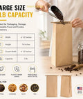 Pack Of 250 Brown Paper Tin Tie Coffee Bags With Reclosable Seal Stand Up Pouches For Coffee Cookies Bakery Packaging And Food Storage Sixteen Inch By Six And One Half Inch By Four Inch with coffee beans pouring