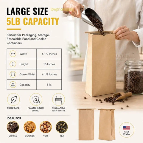 Pack Of 250 Brown Paper Tin Tie Coffee Bags With Reclosable Seal Stand Up Pouches For Coffee Cookies Bakery Packaging And Food Storage Sixteen Inch By Six And One Half Inch By Four Inch with coffee beans pouring