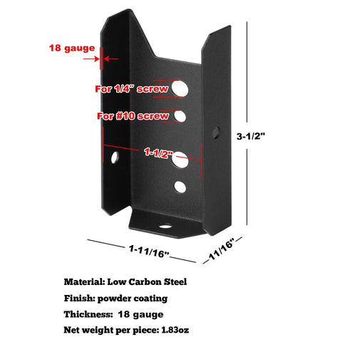 Diagram of 18-gauge black powder-coated steel fence rail bracket with measurements for 2x4 wood posts, DIY friendly.