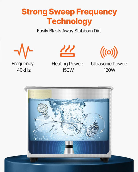 Front view of a 3L stainless steel ultrasonic cleaner with heated function and digital timer