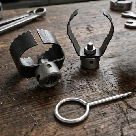 Heavy Duty Three Piece Drain Auger Set Featuring Tough As Nails Steel Cutter Heads For Knocking Out Grease And Hair Clogs In 4 Through 8 Inch Pipes tools on wooden surface