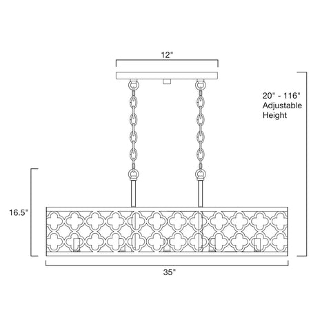 Diagram of Sutton 35-Inch Five-Light Modern Island Light With Open Design Quatrefoil Metal Shade In Rustic Antique White Finish