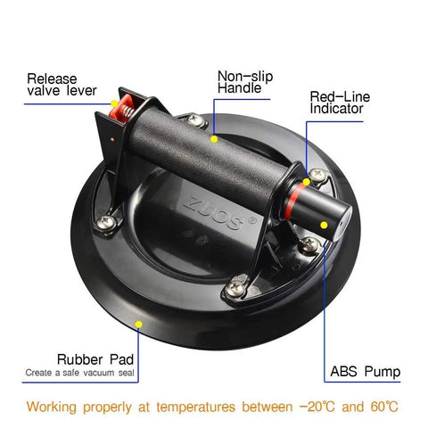 Close-up of 8-Inch Glass Vacuum Lifter Handheld With Handle, showing release valve, non-slip handle, rubber pad, and red-line indicator.