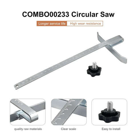 Slick Circular Saw Rip Fence Guide Replacement Compatible With Dewalt Models DCS570B DCS570P1 DCS575T2AR showing stainless steel design and measurement scale.