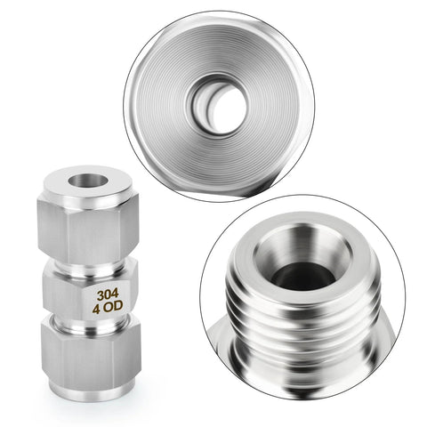 Front view: TAISHER 304 stainless steel compression tube fitting, straight adapter, 4mm OD x 4mm OD, 5 pcs.