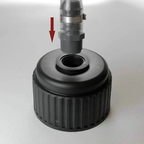 Clear 15 Inch Gas Can Spout Kit With PVC Tube, Rubber Hub, Stopper Cap And Vent Plug, shown with 3/4 Inch Standard Thread Cap