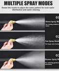 Three-Pattern Adjustable Jet Nozzle Gun For Garden Hose demonstrating direct, fan, and shower spray modes with hand control