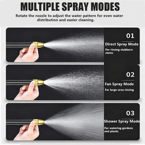 Three-Pattern Adjustable Jet Nozzle Gun For Garden Hose demonstrating direct, fan, and shower spray modes with hand control