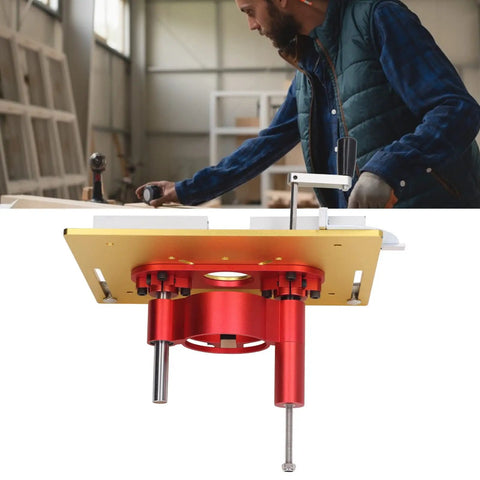No Sweat Router Lift Base Kit With Precision Table Insert Plate, red alloy base for woodworking, heavy duty, adjustable.