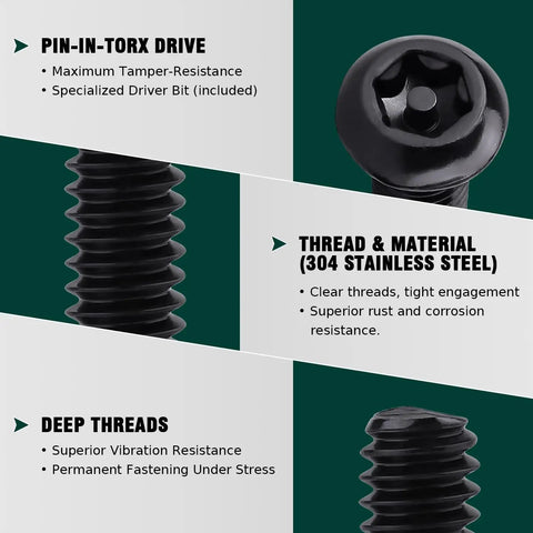 Rock Hard 1/4-20 X 1 Inch Button Head Security Screws Crafted From Premium 304 Stainless Steel With Grippy Black Pinned Torx Drive showing pin-in-torx design and deep threads.