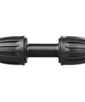 Half Inch Drip Irrigation Tubing Couplings Kit, 12 Barbed Locking Connectors for Drip Tubing, black plastic piece on white background