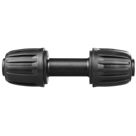 Half Inch Drip Irrigation Tubing Couplings Kit, 12 Barbed Locking Connectors for Drip Tubing, black plastic piece on white background