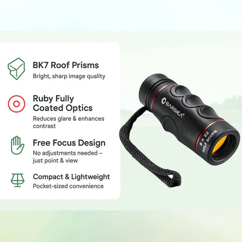 Blueline 8x22 Waterproof Golf Scope Monocular With Built In Internal Distance Reticle shown with features like BK7 prisms and ruby optics.