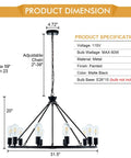 Product dimensions and specs for Black Farmhouse Wagon Wheel Chandelier With 10 Lights 31.5 Inch Old School Vintage Industrial Round Hanging Ceiling Pendant Light Fixture For Kitchen Island Living Room Dining Room Bedroom Hallway Entryway Foyer, featuring matte black finish and adjustable chain length.