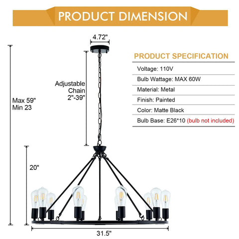 Product dimensions and specs for Black Farmhouse Wagon Wheel Chandelier With 10 Lights 31.5 Inch Old School Vintage Industrial Round Hanging Ceiling Pendant Light Fixture For Kitchen Island Living Room Dining Room Bedroom Hallway Entryway Foyer, featuring matte black finish and adjustable chain length.