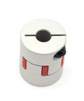Aluminum shaft coupling for 5mm–8mm shafts, 25mm diameter, 30mm long, two-piece clamp with red screws