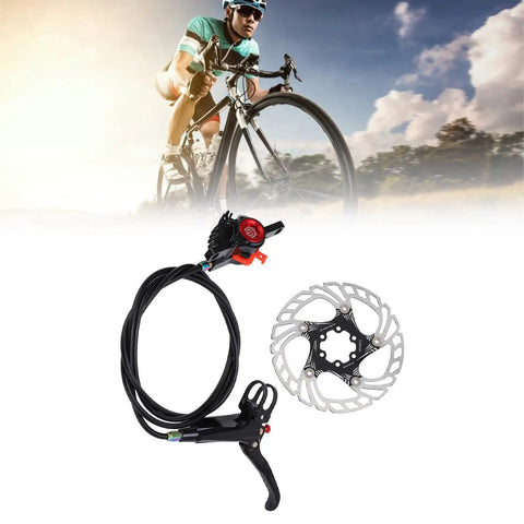 Front And Rear Disc Brake Kit For Road And Mountain Bikes Featuring Rapid Cooling Rotors And Dependable Stopping Power Built To Rip Trails And Shred Daily Rides In Matte Black with brake lever and rotor detail.