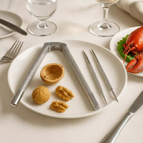 Beefy All Metal Nutcracker Tool For Cracking Nuts Lobster Claws Crabs And Tough Shells, zinc frame on white plate with walnuts