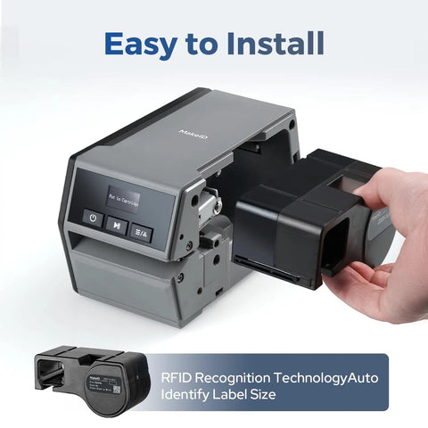 Rugged Industrial Label Printer With 2 Inch Print Head, Plug And Play Phone And Pc Sync, Beefy 2600 Mah Battery, Straight Up Job Site Workhorse For Cables, Assets, Electrical And Warehouse Markings showing label cartridge insertion.