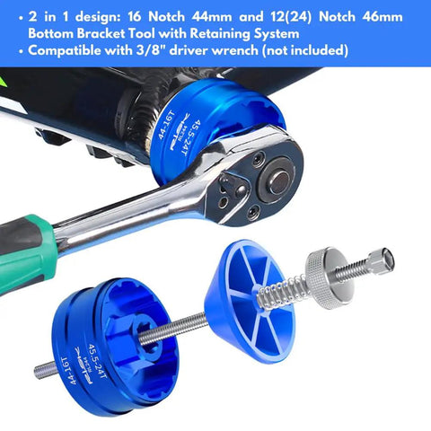 16-Notch 44mm and 12 24-Notch 46mm External Bottom Bracket Removal Tool in use with retaining system, showing compatibility.