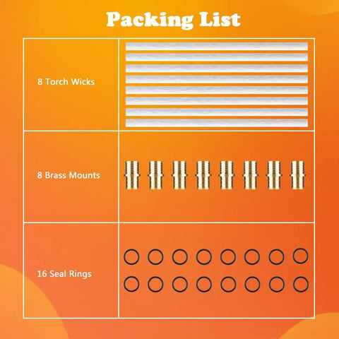 Packing list for Eight Pack Wine Bottle Torch Kit With Long Life Fiberglass Wicks And Brass Mounts, 8 wicks, 8 mounts, 16 rings