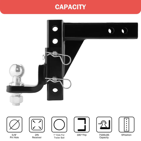 Adjustable Trailer Hitch Ball Mount For 2-Inch Receiver, 7500 Lbs Capacity, 9.5 Inch Drop And 8.25 Inch Rise, with R Clip