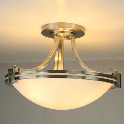 Dope Brushed Nickel Three Light Semi Flush Mount Ceiling Light With White Glass Bowl Shade Modern Hallway Fixture