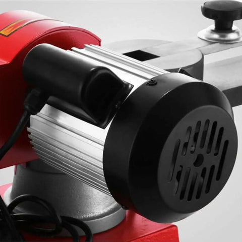 Close-up of the 370W motor on the Rock Solid Circular Saw Blade Sharpening Station, showcasing the black and aluminum design.
