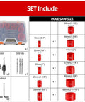 Raxmolo Heavy Duty Hole Saw Kit For Metal Wood And Plastic Drilling With 19 To 68mm Bi Metl Blades Including Multiple Sizes For Installing Locks And Knobs Perfect For Home Reno Projects. set with case, arbor, drill bits, hex keys, and hole saw sizes