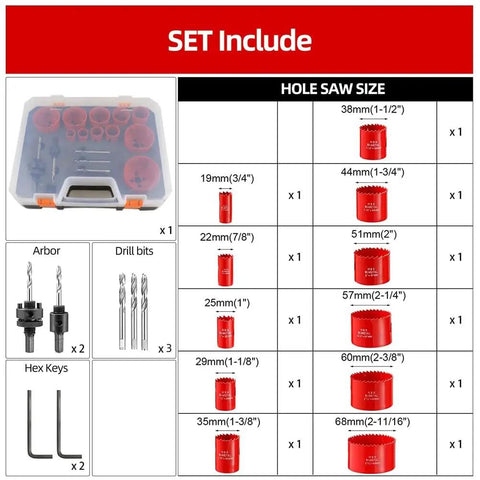 Raxmolo Heavy Duty Hole Saw Kit For Metal Wood And Plastic Drilling With 19 To 68mm Bi Metl Blades Including Multiple Sizes For Installing Locks And Knobs Perfect For Home Reno Projects. set with case, arbor, drill bits, hex keys, and hole saw sizes