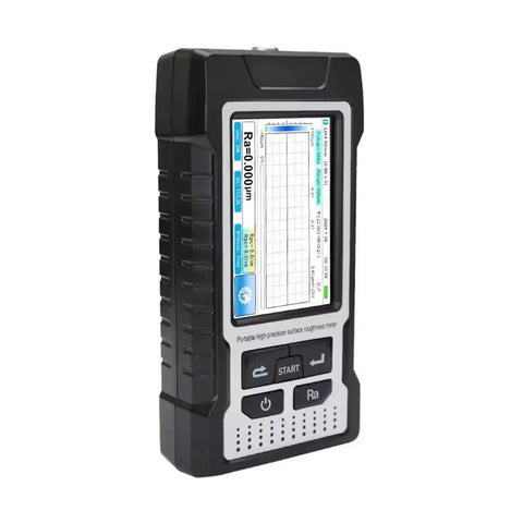 Built Different Digital Surface Roughness Tester Featuring Hella Precise Metal Gauging and Heavy Duty Rugged Housing side view with display.