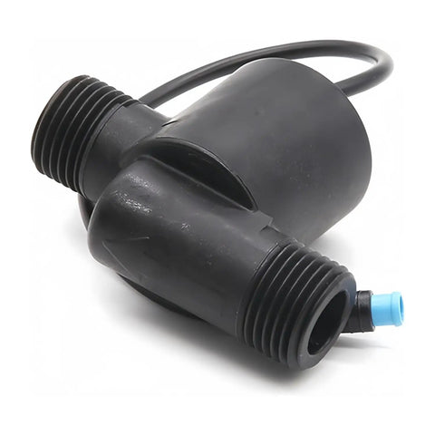Black self powered micro hydroelectric generator for home use with G1/2 thread, converts water flow into power.
