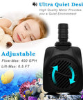 Quiet Submersible Pump 400 GPH With 5 Ft Tubing For Pond Fountain Aquarium Fish Tank Hydroponics No Frills 25W