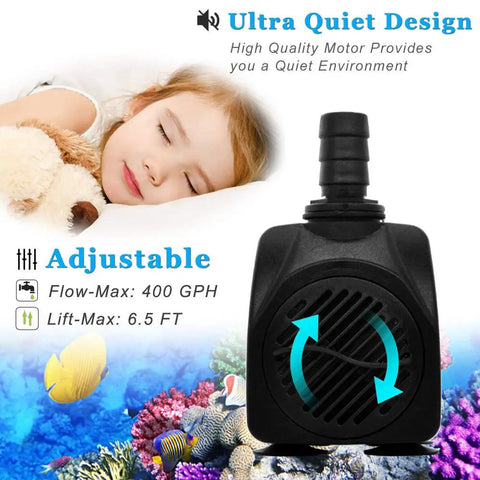 Quiet Submersible Pump 400 GPH With 5 Ft Tubing For Pond Fountain Aquarium Fish Tank Hydroponics No Frills 25W