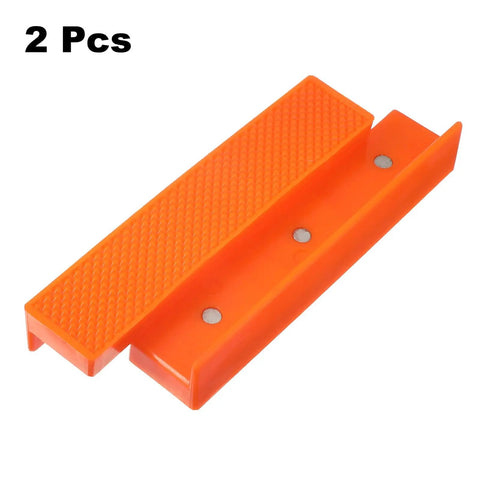 2 Set Magnetic Vise Jaw Pads 5 Inch Soft Rubber Bench Protectors in orange, featuring groove design and strong magnets.