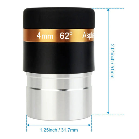4mm Wide Angle Eyepiece For 1.25 Inch Telescopes With 62 Degree Field Of View, Aspheric HD Fully Coated Optics, High Magnification