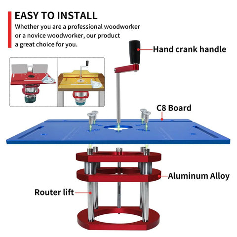 Heavy Duty Router Table Lift With Killer Four Jaw Clamping For 65 Millimeter Motors Offering Dead Precise Two Inch Height Adjustment For No Fuss Woodworking Setups showcasing blue C8 board and aluminum alloy base.