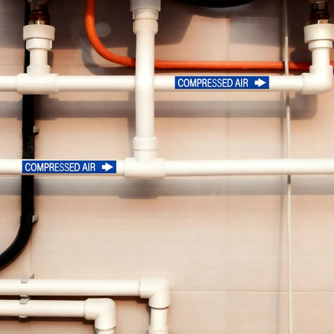 Economy 1 Roll Pipe Markers For Compressed Air Lines, 1 Inch High By 8 Inch Wide, Self Adhesive White And Blue Labels, Easy Peel And Apply, Durable Plastic Film Identification For Piping Systems on white PVC pipes