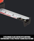 Close-up of 35-Foot Tape Measure For Solo Jobs, 14-Foot Reach, Extra Wide Blade, Large Readable Numbers, Durable Hook, Made In USA