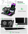 Seven In One Wireless Charging Station For Apple Devices All In One Stand with iPhone, Apple Watch, AirPods view, USB ports, and clock.