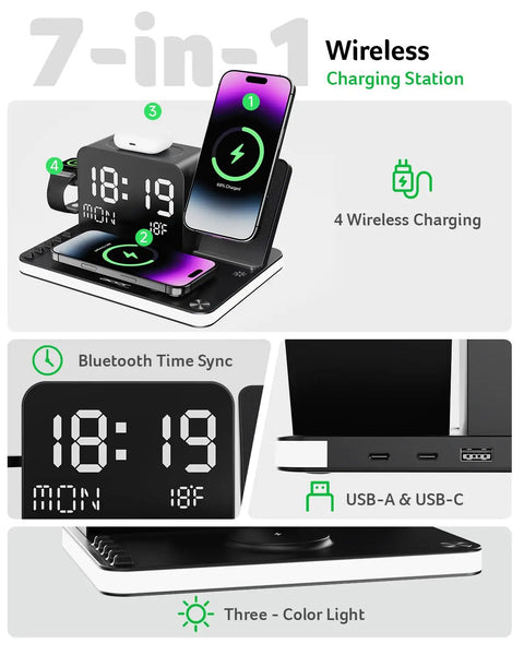 Seven In One Wireless Charging Station For Apple Devices All In One Stand with iPhone, Apple Watch, AirPods view, USB ports, and clock.