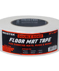 Double Sided Floor Mat Tape That Secures Exercise Mats Rugs Puzzle Mats Roll Out Mats and More in Home and Commercial Settings with Heavy Duty Adhesive and Durable Backing shown in packaging.