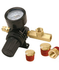 Inline Air Pressure Regulator 0 To 200 PSI With Locking Dial Mounting Bracket And Brass Fittings One Quarter Inch NPT T Fitting For Air Tools And Compressors Black, showing black dial and brass fittings.