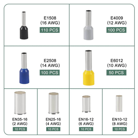 Image of 400 Piece Wire Ferrule Terminal Kit With Silver Plated Copper Ferrules Crimp Connectors Insulated Cord Pin Ends And Sleeves, showing various ferrules and AWG sizes.