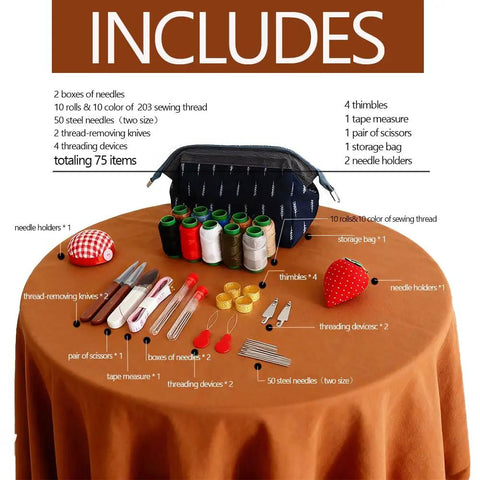 75 Piece Sewing Tool Set With Big Eye Steel Needles, 10 Rolls Jeans Thread, Strawberry Pin Cushion Holders displayed on a table