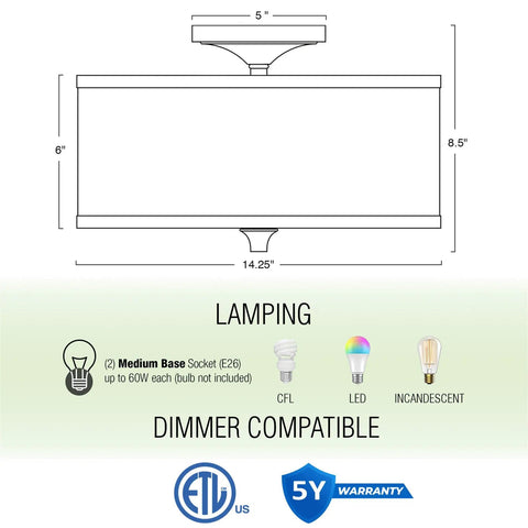 Diagram of Newport 14 Inch Modern Two-Light Semi-Flush Mount Ceiling Light with dimensions and bulb compatibility.