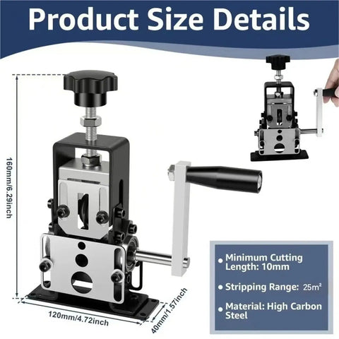 Essential 1 Pc Portable Wire Stripper For Electricians side view showing dimensions, manual hand crank, and high carbon steel material.